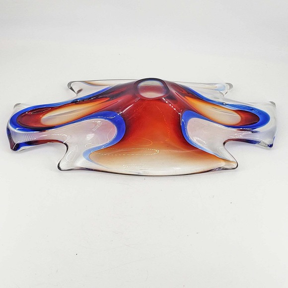 Abstract Blue Red Orange Hand Blown Art Glass Bowl/Candy Dish Polished Pontil - Picture 4 of 5